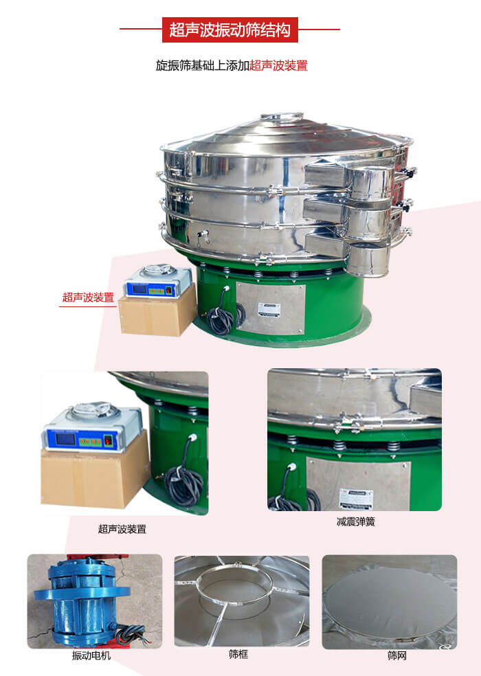 圓篩機內(nèi)部結(jié)構(gòu)：主要由振動電機、篩框、篩網(wǎng)、超聲波系統(tǒng)、減震彈簧等展示圖