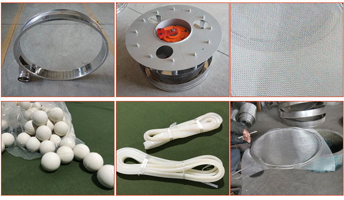 800型全不銹鋼振動(dòng)篩配件有：振動(dòng)篩篩框，電機(jī)，不銹鋼篩網(wǎng)等。