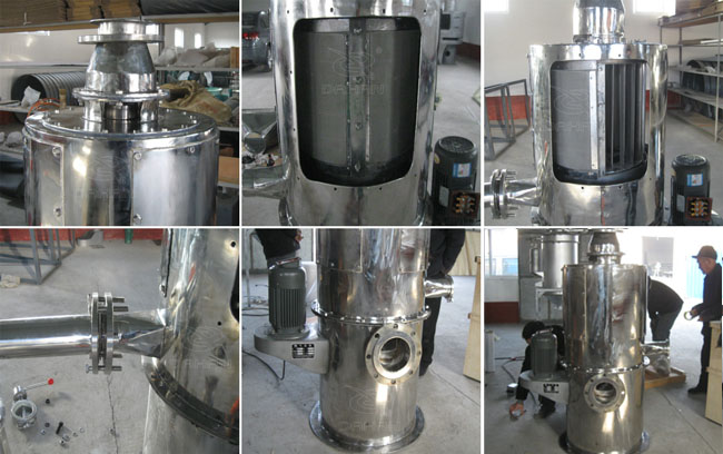 小型立式氣流篩細節：立式氣流篩篩網，立式氣流篩出料口，立式氣流篩電機。