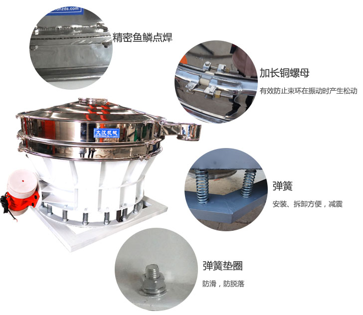 1500直排篩細節(jié)展示：彈簧，彈簧墊圈，加長銅螺母。